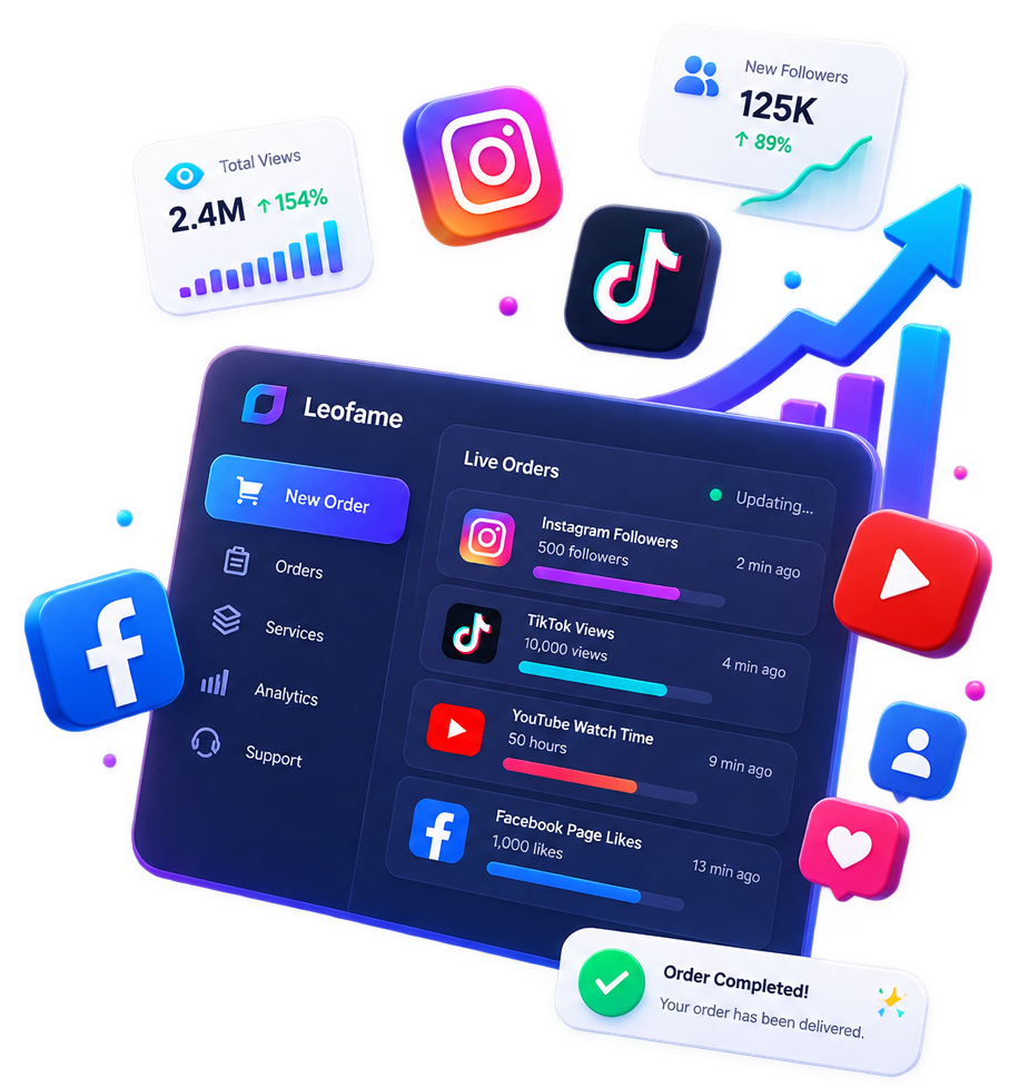 Leofame dashboard showing live order delivery across Instagram, TikTok, YouTube and Facebook